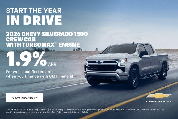 2026 Chevy Silverado 1500 Crew Cab with TurboMax Engine. 1.9% APR for well-qualified buyers when ...